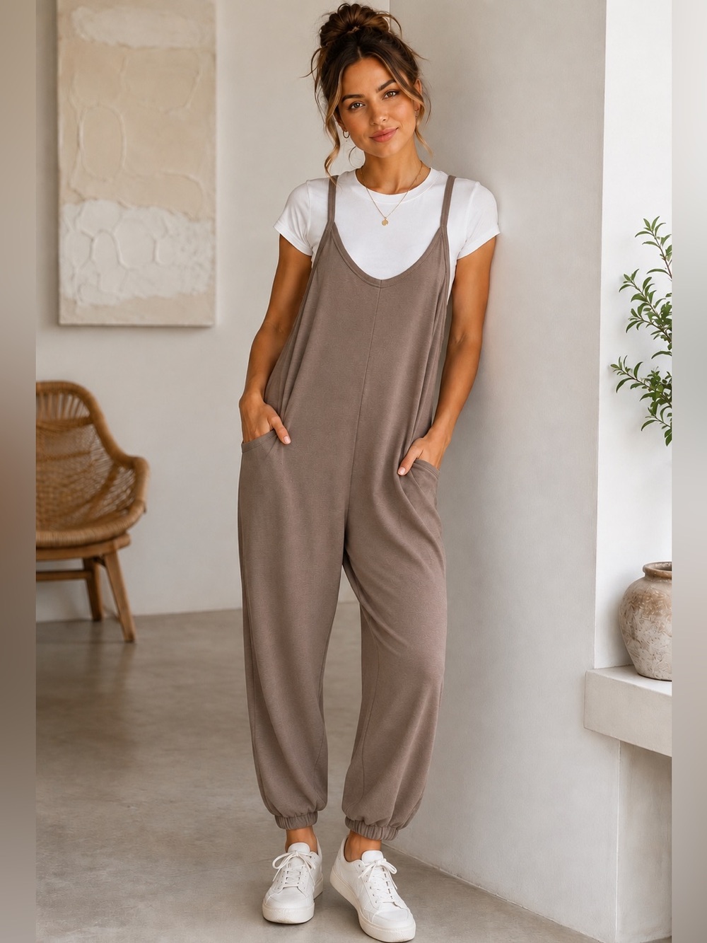 Sundry Slouchy Brown Jersey Jumpsuit White Tee Set Jogger Loungewear NWT Small